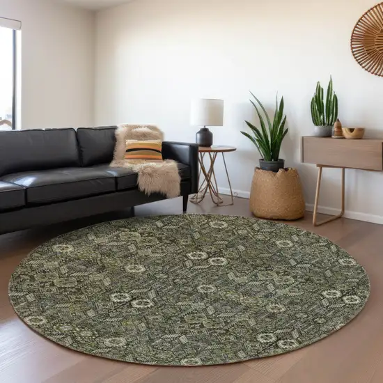 8' Taupe And Gray Tribal Washable Round Rug With UV Protection Photo 5