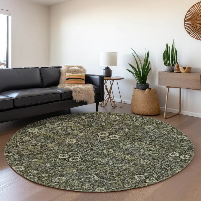 8' Taupe And Gray Tribal Washable Round Rug With UV Protection Photo 5