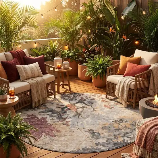 8' Taupe And Green Round Abstract Washable Indoor Outdoor Area Rug Photo 1