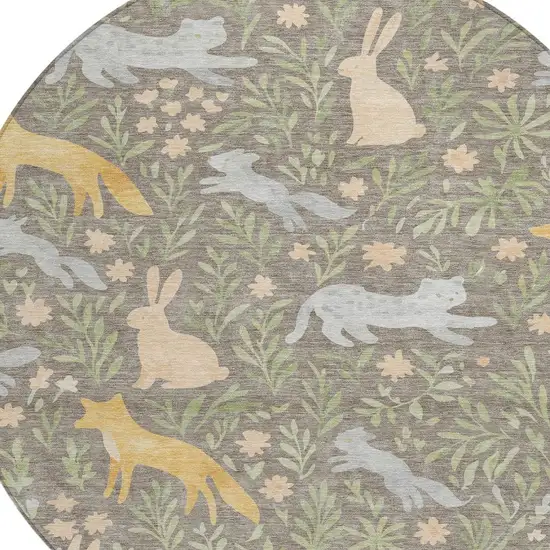 8' Taupe And Green Round Botanical Leaves Washable Indoor Outdoor Area Rug Photo 3