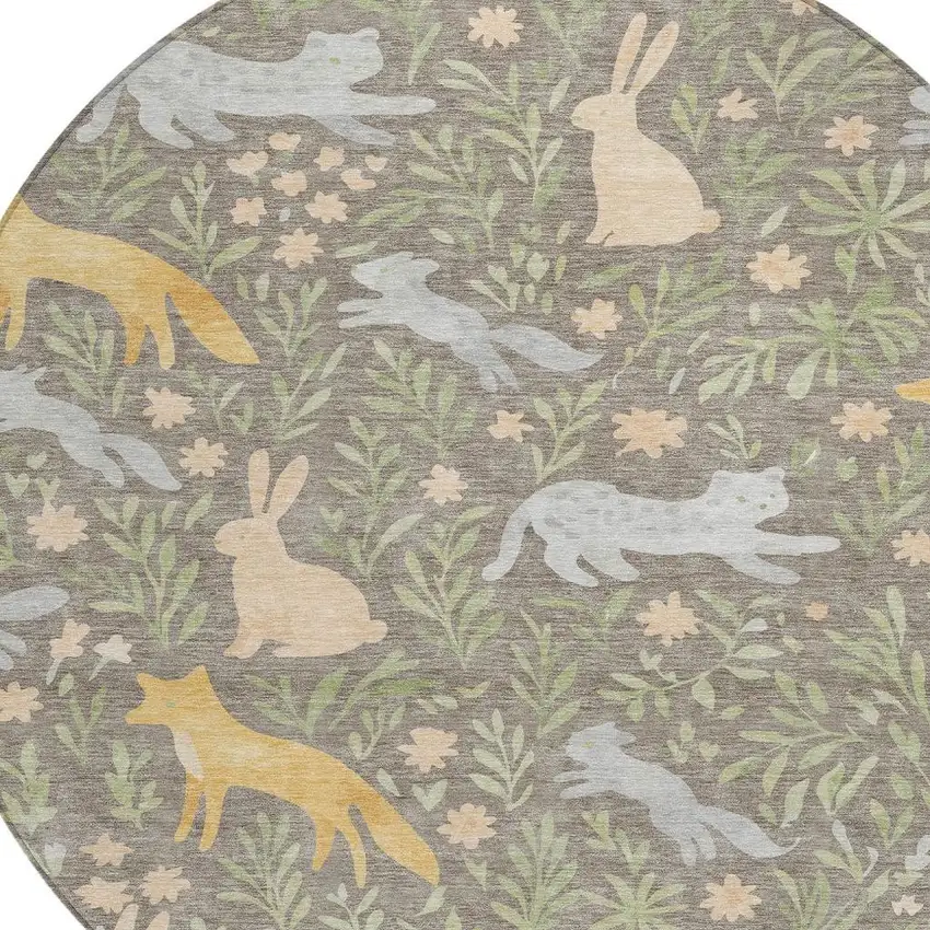 8' Taupe And Green Round Botanical Leaves Washable Indoor Outdoor Area Rug Photo 3