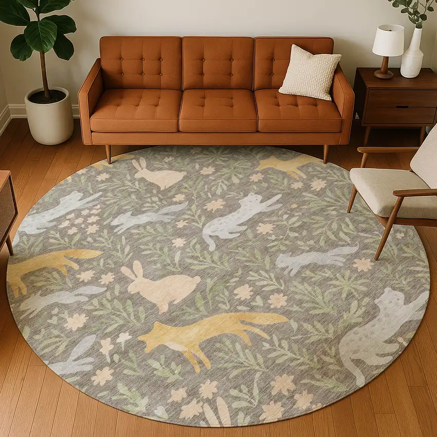 8' Taupe And Green Round Botanical Leaves Washable Indoor Outdoor Area Rug Photo 5