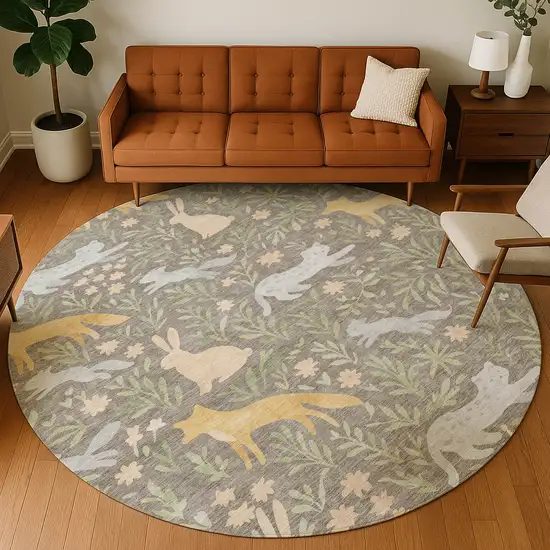 8' Taupe And Green Round Botanical Leaves Washable Indoor Outdoor Area Rug Photo 5