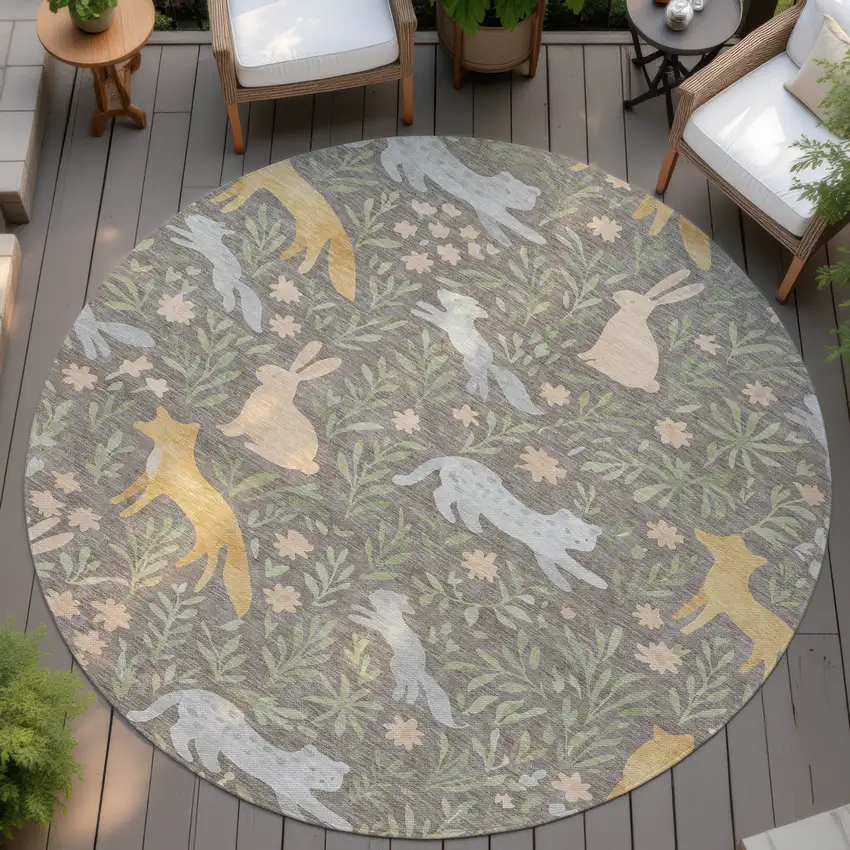 8' Taupe And Green Round Botanical Leaves Washable Indoor Outdoor Area Rug Photo 4