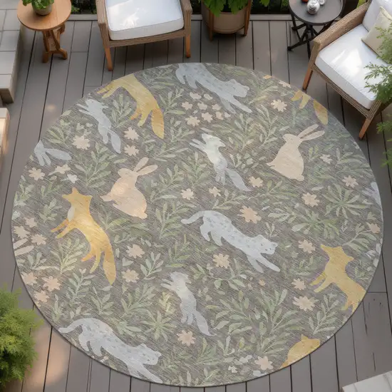 8' Taupe And Green Round Botanical Leaves Washable Indoor Outdoor Area Rug Photo 4