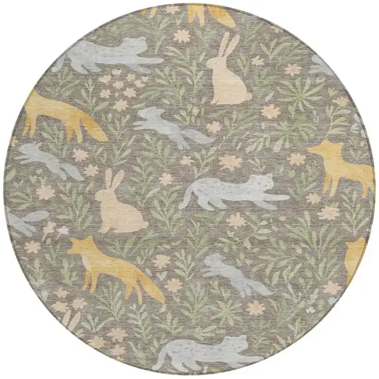 8' Taupe And Green Round Botanical Leaves Washable Indoor Outdoor Area Rug Photo 2