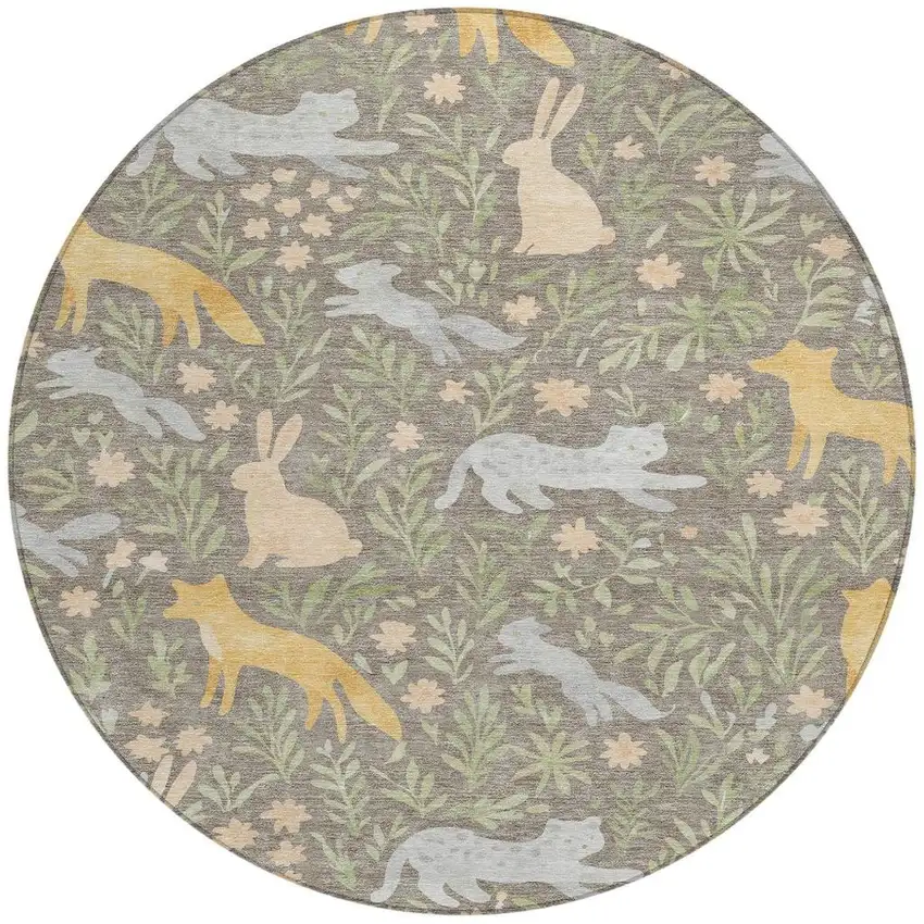 8' Taupe And Green Round Botanical Leaves Washable Indoor Outdoor Area Rug Photo 2