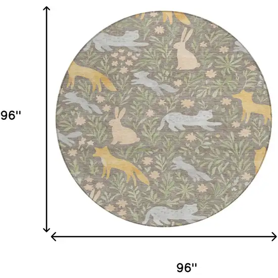 8' Taupe And Green Round Botanical Leaves Washable Indoor Outdoor Area Rug Photo 8