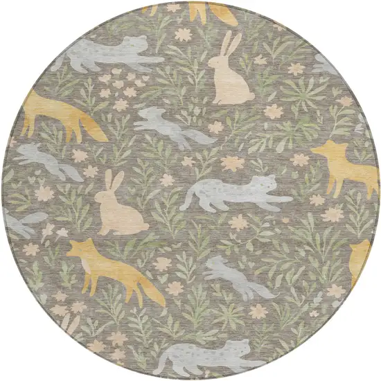 8' Taupe And Green Round Botanical Leaves Washable Indoor Outdoor Area Rug Photo 1