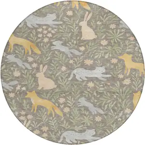 Photo of 8' Taupe And Green Round Botanical Leaves Washable Indoor Outdoor Area Rug