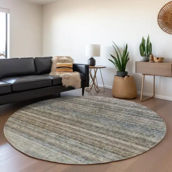 8' Taupe And Green Round Striped Washable Indoor Outdoor Area Rug Photo 7