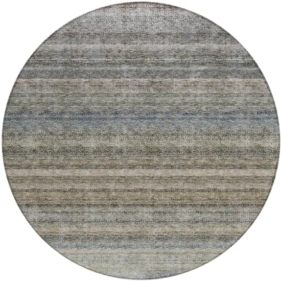 8' Taupe And Green Round Striped Washable Indoor Outdoor Area Rug Photo 2