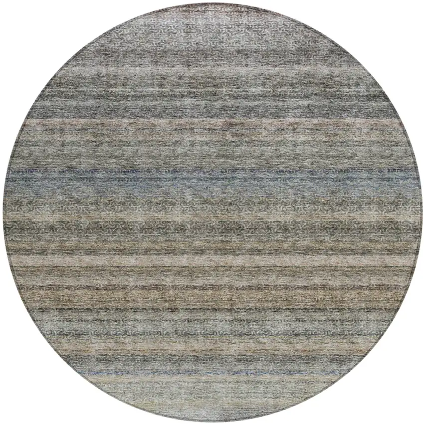 8' Taupe And Green Round Striped Washable Indoor Outdoor Area Rug Photo 2