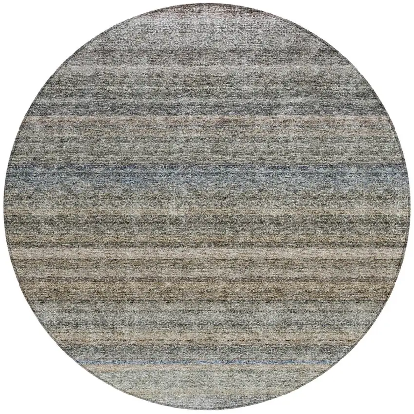 8' Taupe And Green Round Striped Washable Indoor Outdoor Area Rug Photo 5