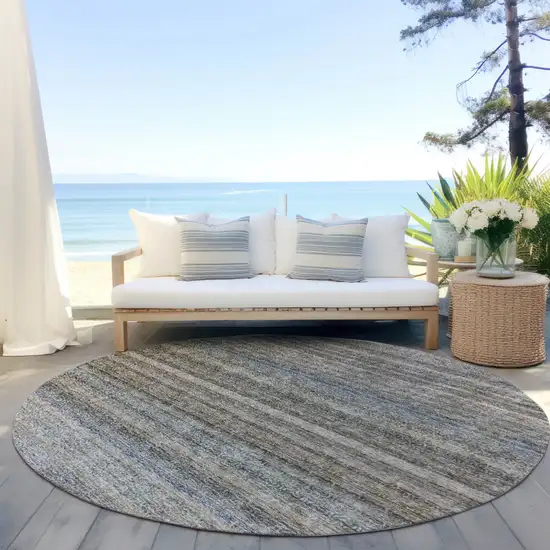 8' Taupe And Green Round Striped Washable Indoor Outdoor Area Rug Photo 6