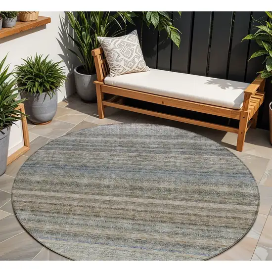 8' Taupe And Green Round Striped Washable Indoor Outdoor Area Rug Photo 1