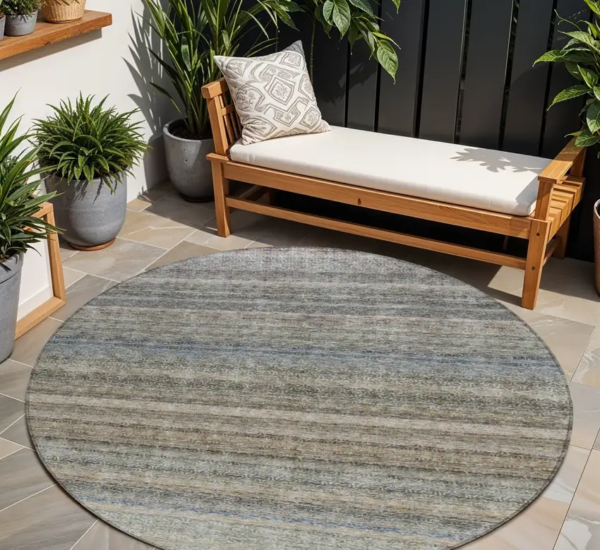8' Taupe And Green Round Striped Washable Indoor Outdoor Area Rug Photo 1