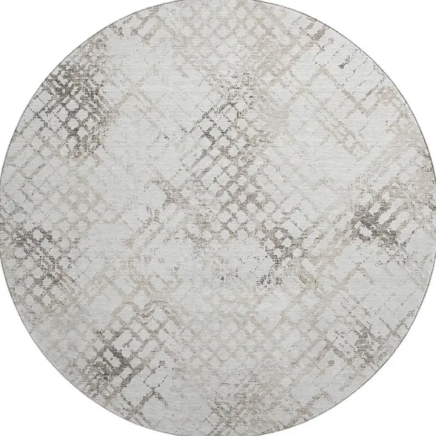 8' Taupe And Ivory Abstract Geometric Washable Round Rug With UV Protection Photo 3