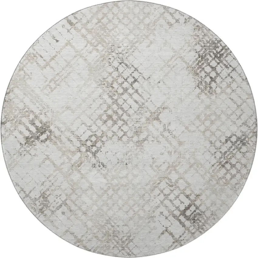 8' Taupe And Ivory Abstract Geometric Washable Round Rug With UV Protection Photo 4