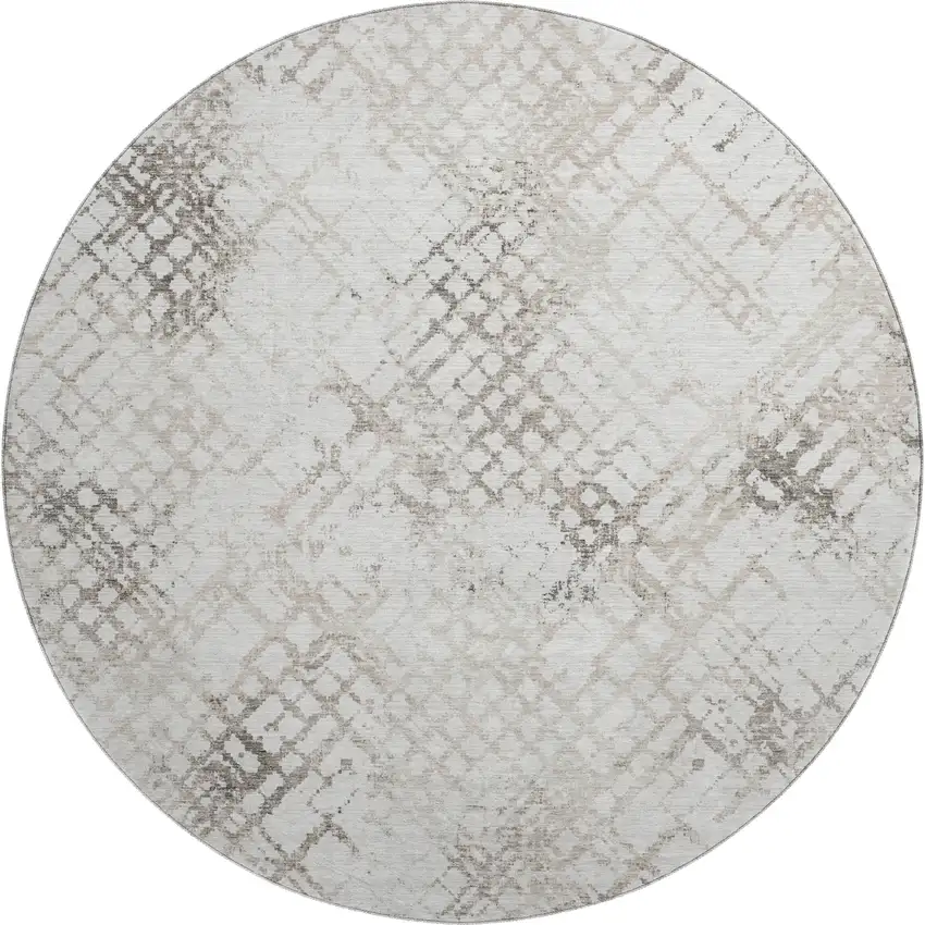 8' Taupe And Ivory Abstract Geometric Washable Round Rug With UV Protection Photo 1