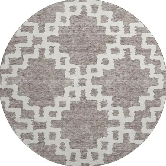 8' Taupe And Ivory Abstract Geometric Washable Round Rug With UV Protection Photo 4