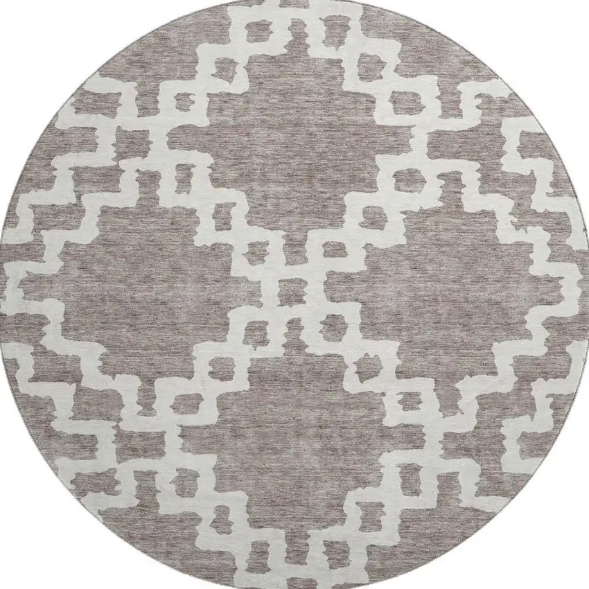 8' Taupe And Ivory Abstract Geometric Washable Round Rug With UV Protection Photo 4