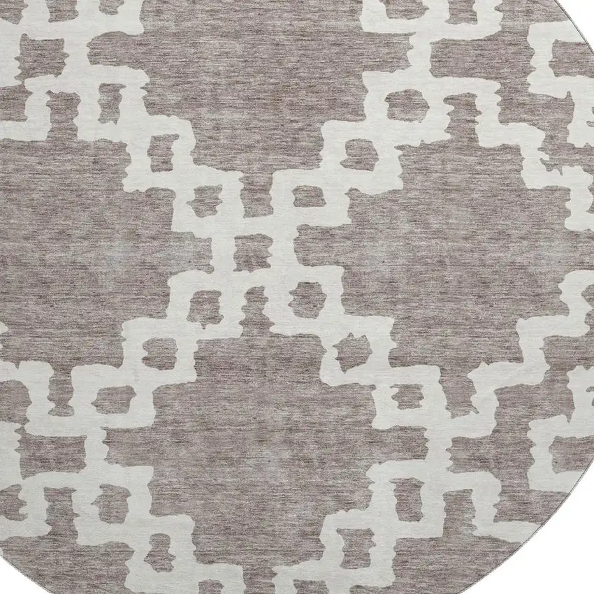 8' Taupe And Ivory Abstract Geometric Washable Round Rug With UV Protection Photo 3