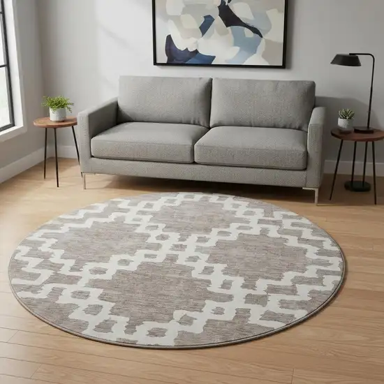 8' Taupe And Ivory Abstract Geometric Washable Round Rug With UV Protection Photo 2