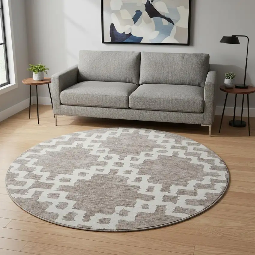 8' Taupe And Ivory Abstract Geometric Washable Round Rug With UV Protection Photo 2