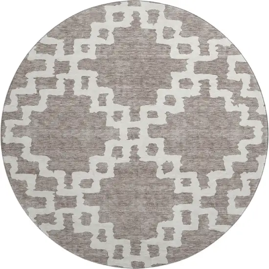 8' Taupe And Ivory Abstract Geometric Washable Round Rug With UV Protection Photo 1
