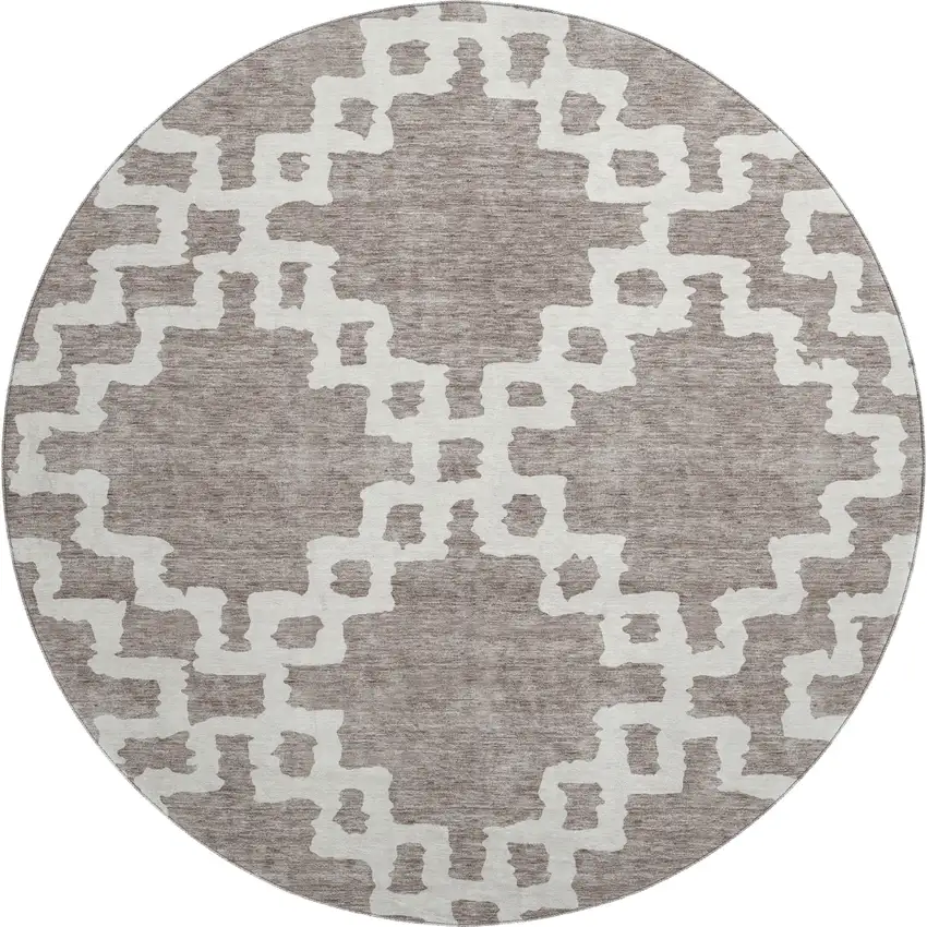 8' Taupe And Ivory Abstract Geometric Washable Round Rug With UV Protection Photo 1