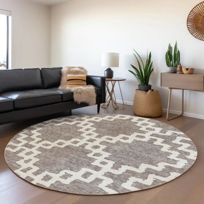 8' Taupe And Ivory Abstract Geometric Washable Round Rug With UV Protection Photo 5