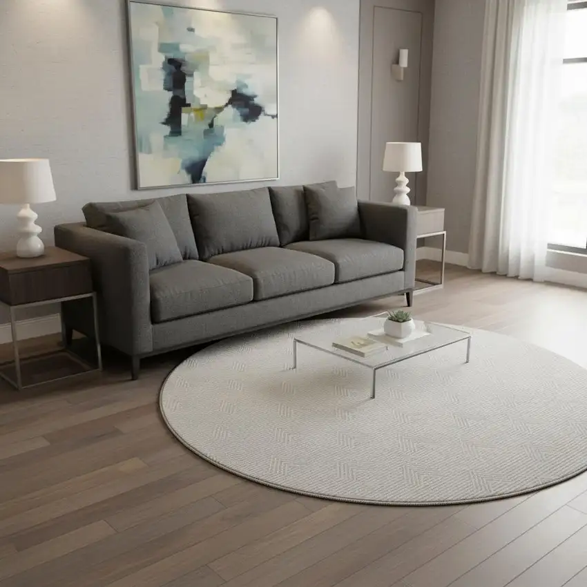 8' Taupe And Ivory Abstract Geometric Washable Round Rug With UV Protection Photo 2