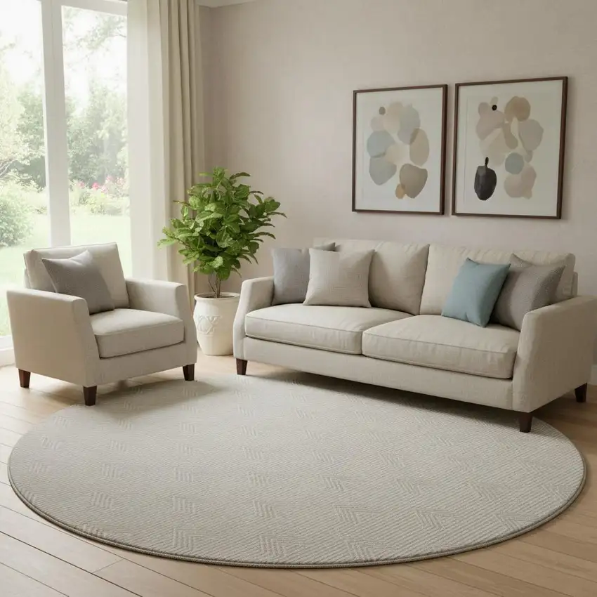 8' Taupe And Ivory Abstract Geometric Washable Round Rug With UV Protection Photo 1