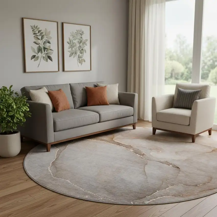 8' Taupe And Ivory Abstract Washable Round Rug With UV Protection Photo 1