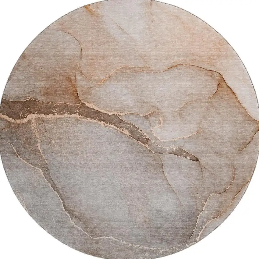 8' Taupe And Ivory Abstract Washable Round Rug With UV Protection Photo 3