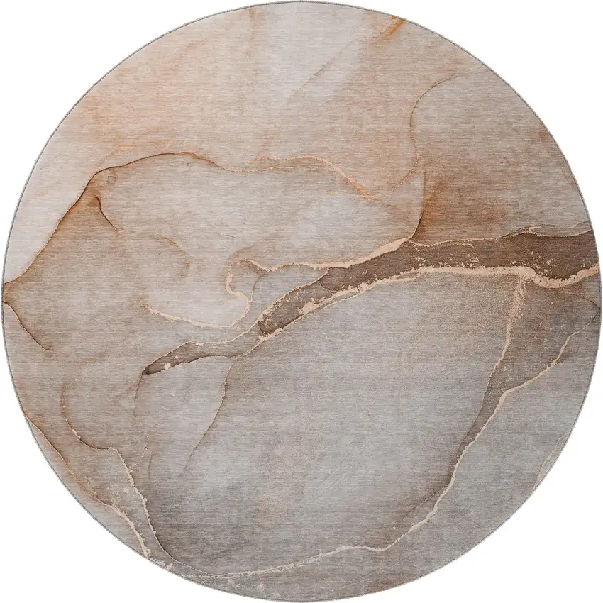 8' Taupe And Ivory Abstract Washable Round Rug With UV Protection Photo 4