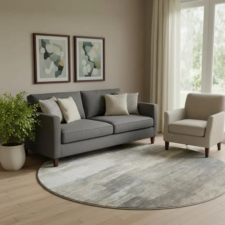 8' Taupe And Ivory Abstract Washable Round Rug With UV Protection Photo 1