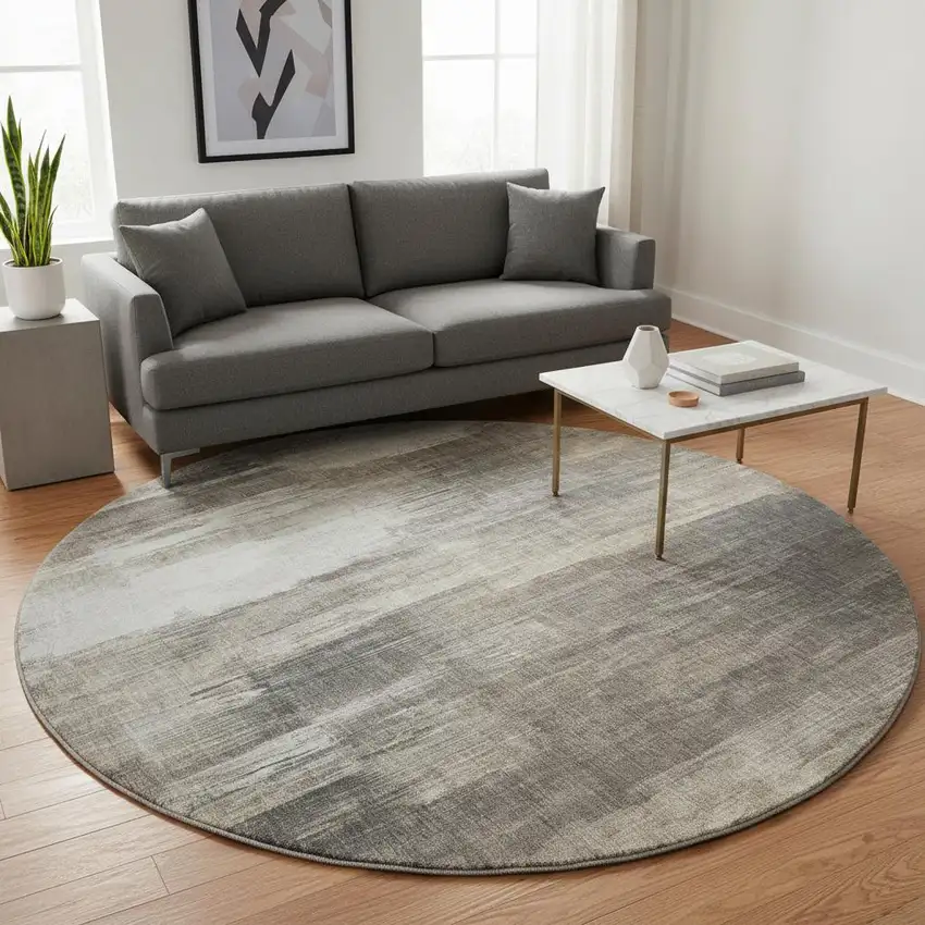 8' Taupe And Ivory Abstract Washable Round Rug With UV Protection Photo 2