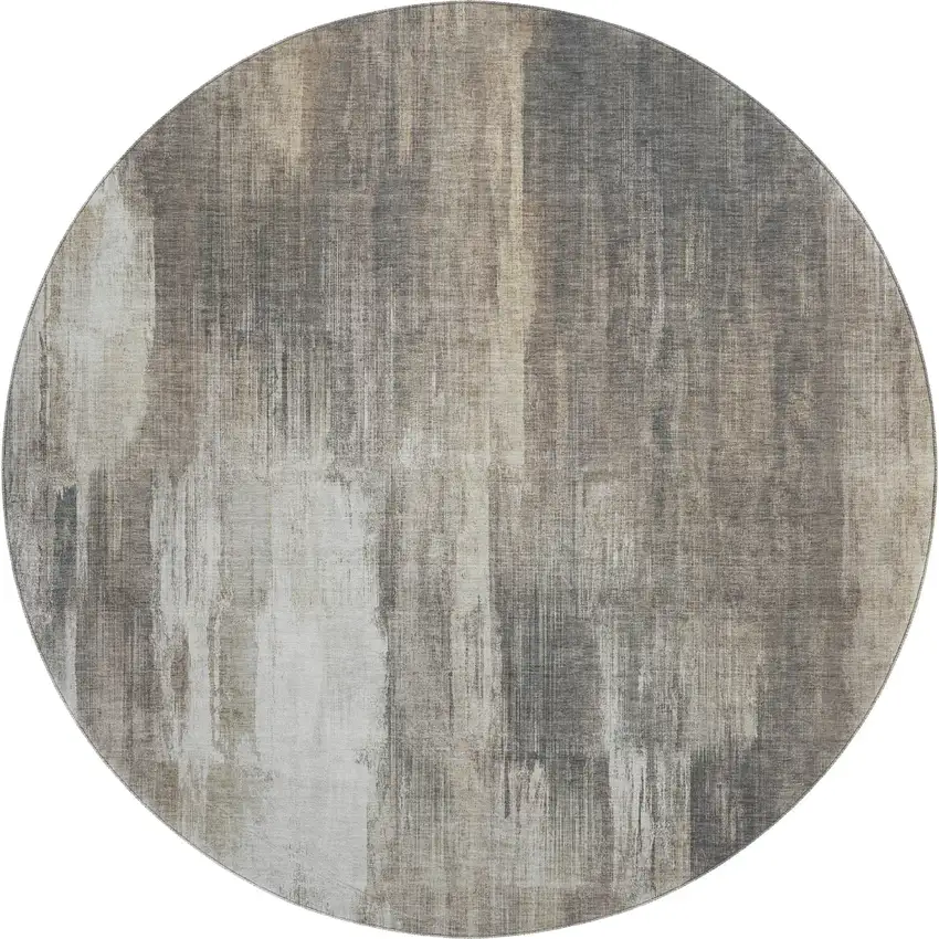 8' Taupe And Ivory Abstract Washable Round Rug With UV Protection Photo 1