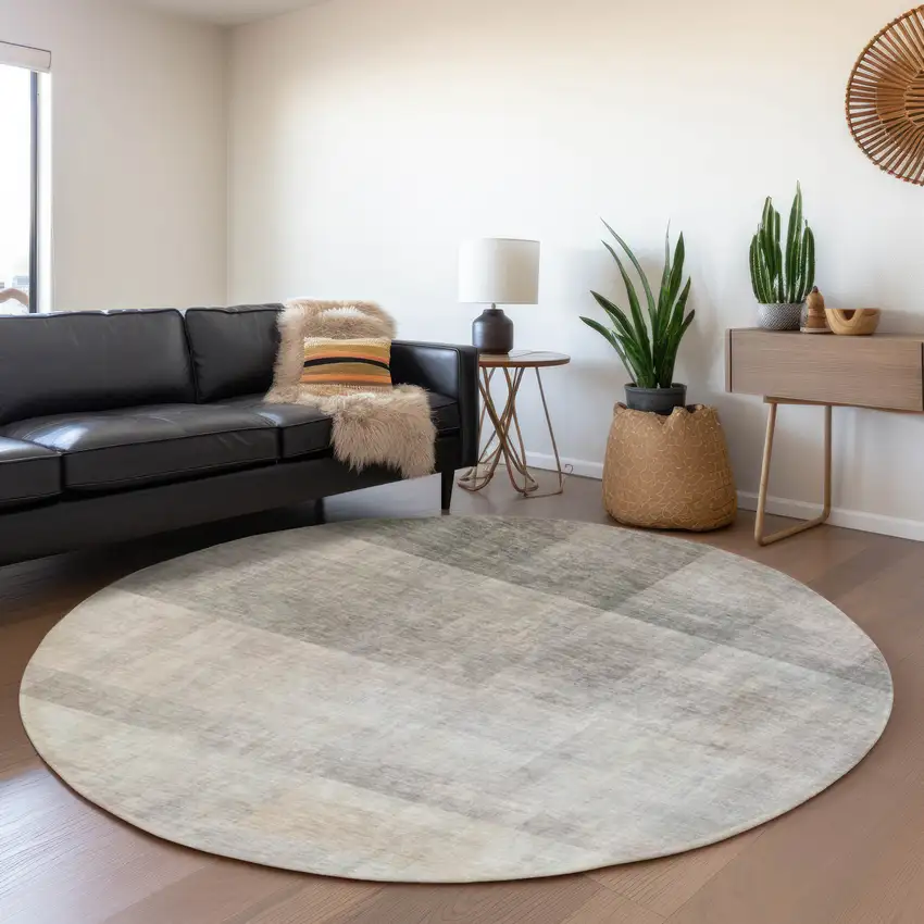8' Taupe And Ivory Abstract Washable Round Rug With UV Protection Photo 5