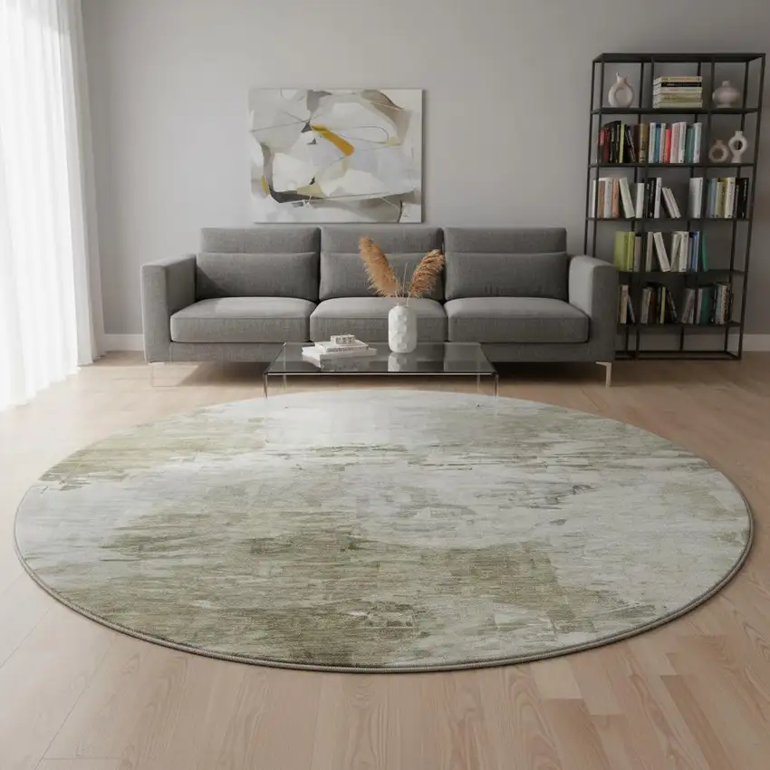 8' Taupe And Ivory Abstract Washable Round Rug With UV Protection Photo 2