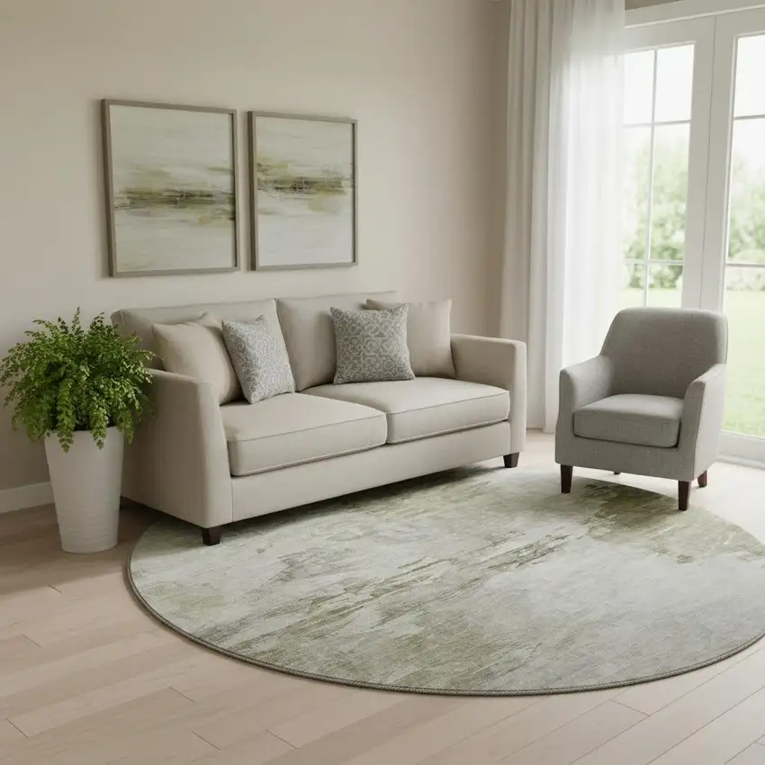 8' Taupe And Ivory Abstract Washable Round Rug With UV Protection Photo 1