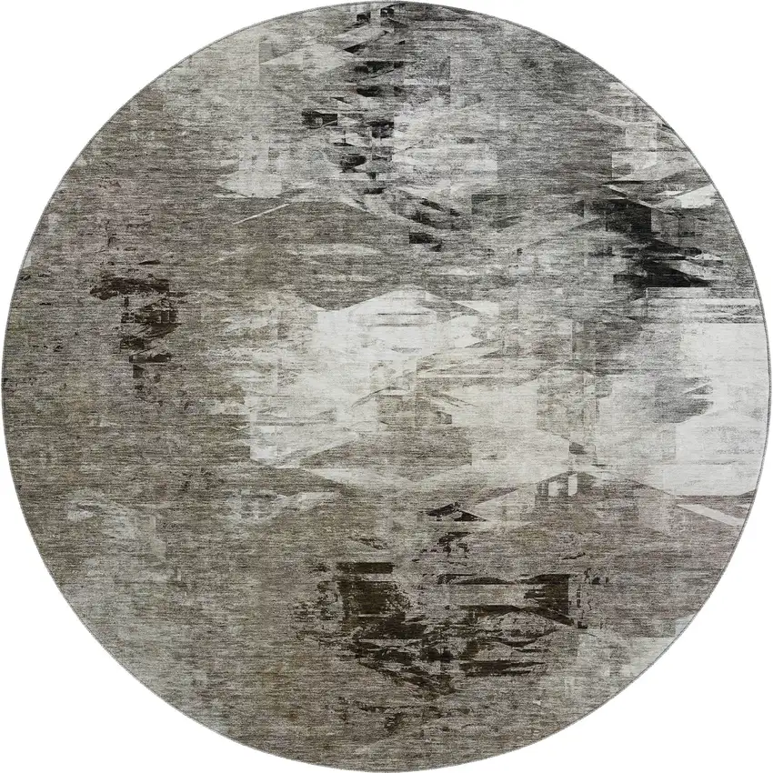 8' Taupe And Ivory Abstract Washable Round Rug With UV Protection Photo 1