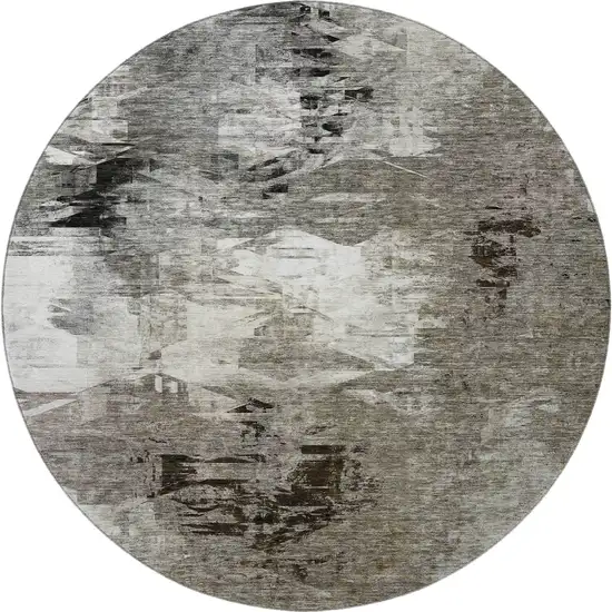 8' Taupe And Ivory Abstract Washable Round Rug With UV Protection Photo 3