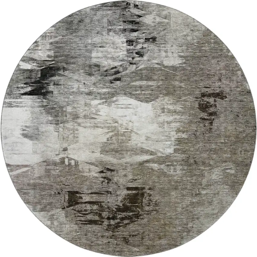 8' Taupe And Ivory Abstract Washable Round Rug With UV Protection Photo 3