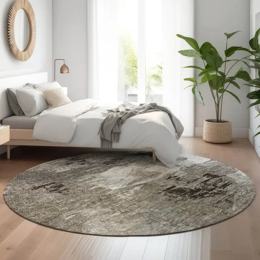8' Taupe And Ivory Abstract Washable Round Rug With UV Protection Photo 4