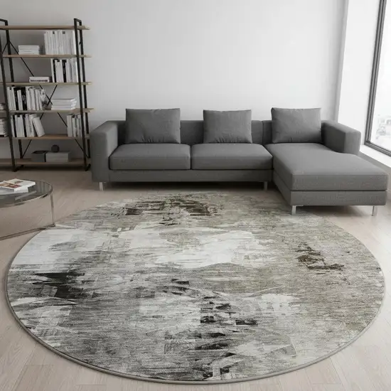 8' Taupe And Ivory Abstract Washable Round Rug With UV Protection Photo 2