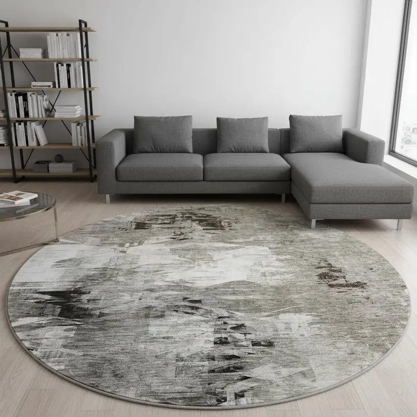 8' Taupe And Ivory Abstract Washable Round Rug With UV Protection Photo 2