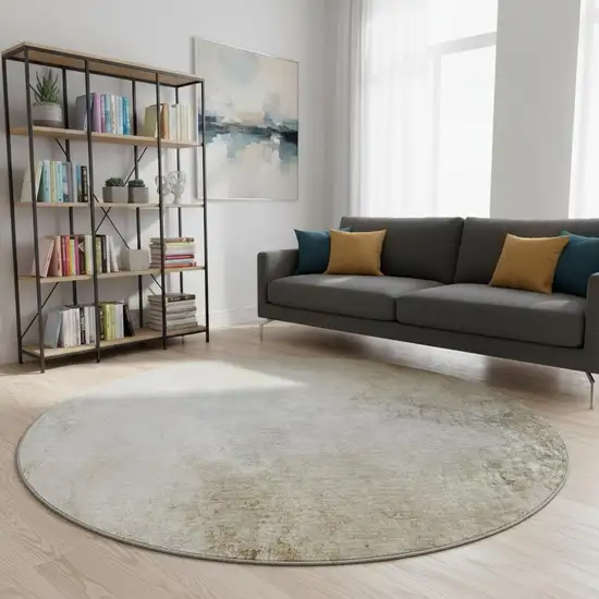 8' Taupe And Ivory Abstract Washable Round Rug With UV Protection Photo 2